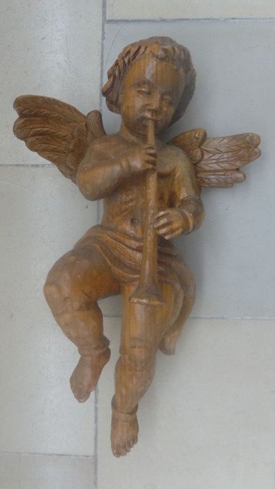 ancient wood angel with instrument wall figure sculpture cupid guardian angel (1) - Wood