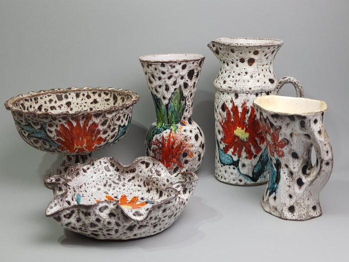 Atelier La Roue - Vallauris - Bol, Plat, Vase, "sea foam" (5) - Céramique