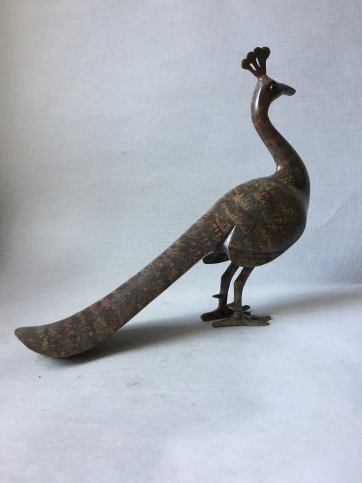 Escultura de un pavo real de bronce patinado (1) - Bronce (dorado/plateado/patinado/pintado en frío)