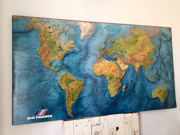 Ign Cartes - Air France - Mapa do mundo gigante Air France no quadro - Moderno de meados do século - Madeira