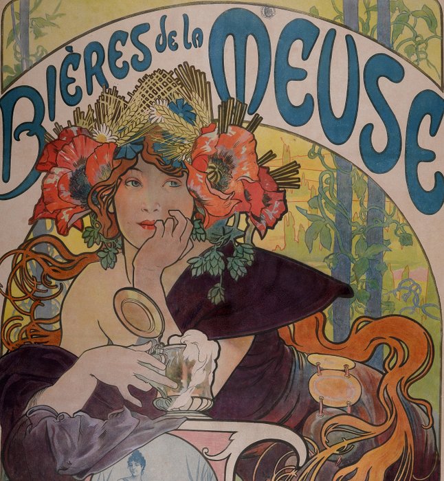 Alphonse Mucha  - 'Bières de la Meuse' - Alkuperäinen kivigrafiikkajuliste 1897 - Tulostin: Imp. F. Champenois, Pariisi (1)