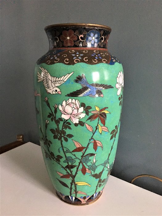 景泰藍琺瑯日本花瓶 - 禽 - 琺瑯青銅 - 日本 - 明治十九世紀