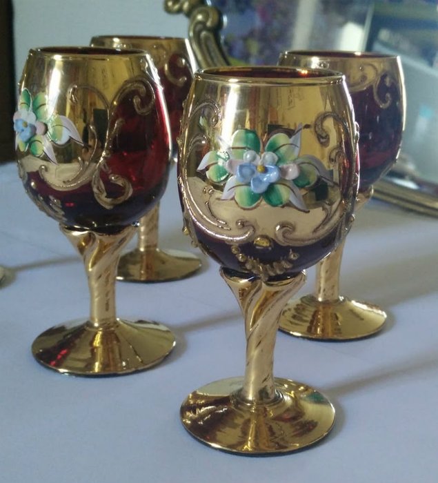 Murano - 6 Venetian Ruby Wine Glasses - Art Nouveau - .999 (24 kt) gold, Glass, Goldplate