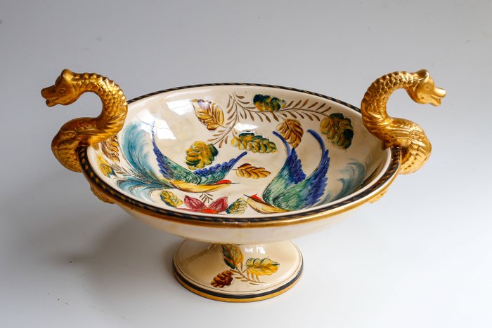 H. Bequet Quaregnon - tigela com motivos de pássaros pintados à mão e dragões - Cerâmica