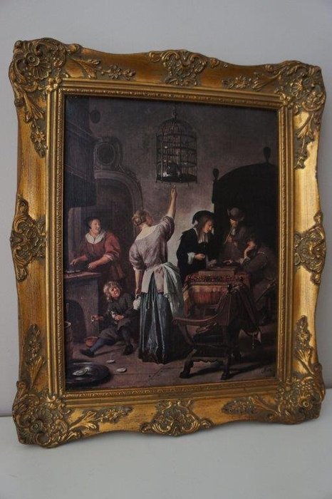 Jan Steen - The parrot cage - Gilded picture frame - Print - - Linen, Wood