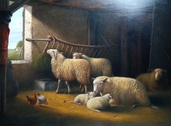 Jan Van Baelen (1948) - Schapen en kippen in de stal