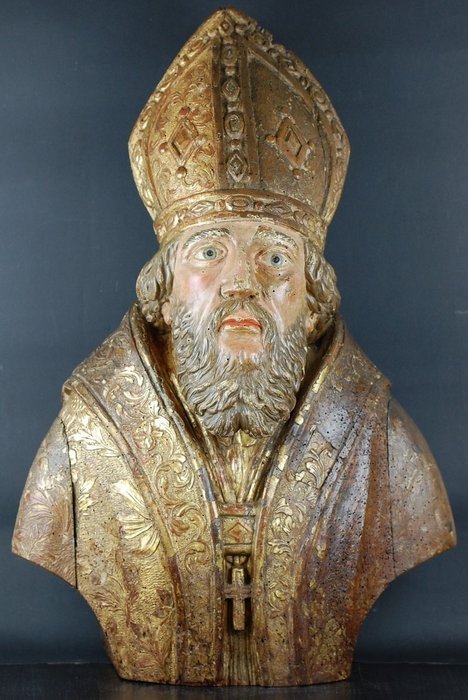Bust extraordinar relicvar de dimensiuni de viață al unui Sfânt Episcop - Baroc - Lemn aurit și policromat - secolul al XVII-lea
