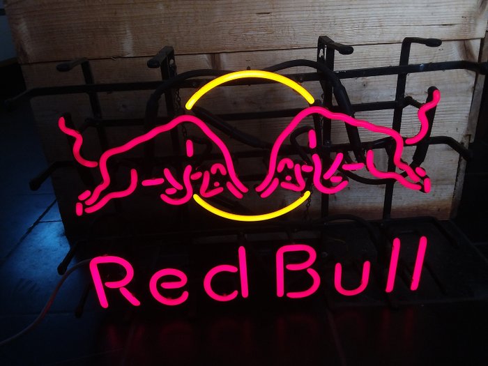 Neon lighting red bull. (1) - metal glass.