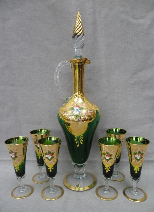 威尼斯玻璃利口酒玻璃瓶，配以镀金酒 - 玻璃