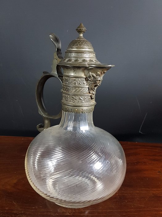 Old carafe blown glass and pewter Jug blow glass / pewter - Blown glass / Tin