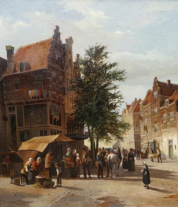 Willem Heijkoop  (1942) - Stadsgezicht Amsterdam ( eind 19e eeuw ).