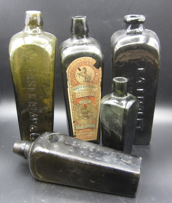 5 garrafas antigas de gin - Vidro