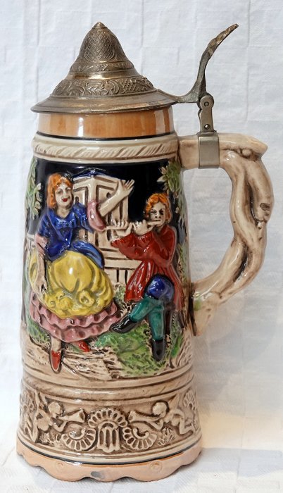 Deutscher Vintage Bierkrug mit Spieluhr - Eisen (Gusseisen/ Schmiedeeisen), Holz, Keramik, Messing