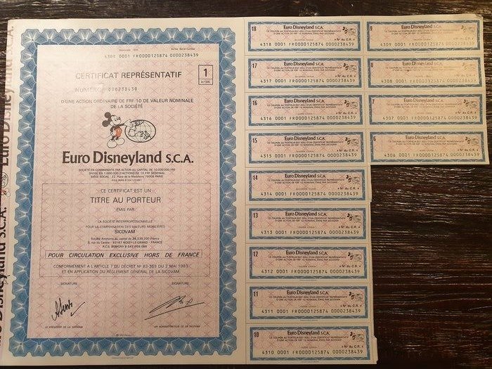 13 actions au porteur Euro Disneyland Paris 1983 - Papier
