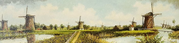 J. Vergeer (1894-1969) - Panorama schilderij van de molens op Kinderdijk