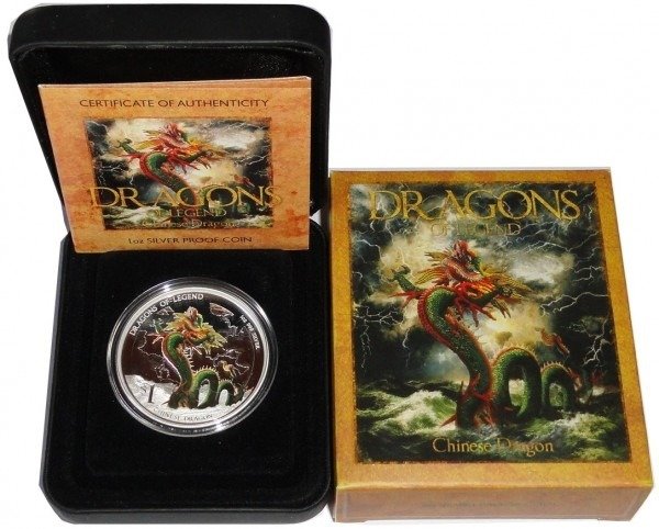 Tuvalu. 1 Dollar 2012 Proof - Dragons of Legend - Chinese Dragon - 1 Oz with COA and BOX