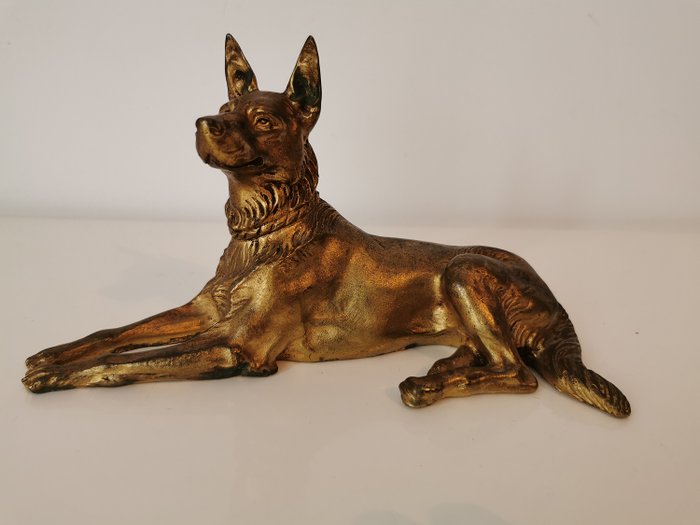 Brunswick - Skulptur, Vakker gammel solid bronsehund signert, German Shepherd (1) - Bronse - Sent på 1800-tallet