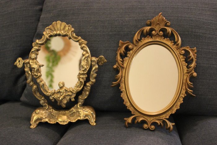2 old mirrors (mirror psyche and Italian mirror) - Brass, Plastic
