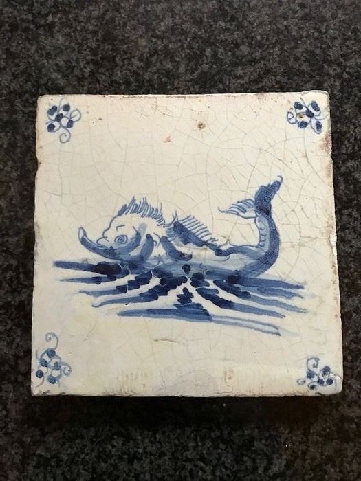 Antique Delft tile with sea monster (1) - Earthenware