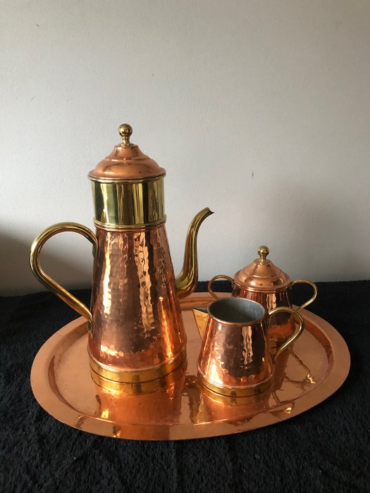 Red yellow copper coffee set - Copper