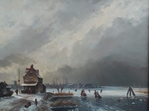 Charles Leickert (1806-1907) - Winterlandschap met schaatsende figuren 