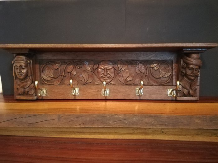Heavy antique wall coat rack with carvings - Wood- Oak