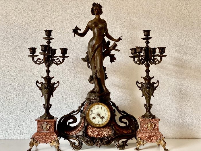 Clock set Julien Caussé - Marble, Zamac - Late 19th century