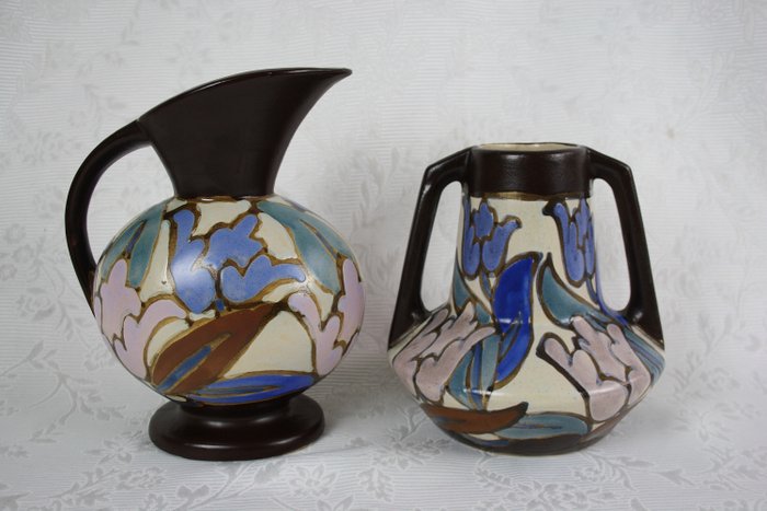Antoine Dubois - Ceramique Montoise Bergen - Suuri keramiikkakannu ja amforamaljakko (2)