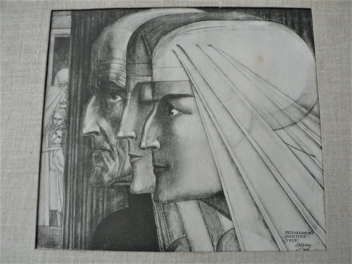 Jan Toorop -  Bezonkenheid , meditatie en vuur  - Art Nouveau - Grafische litho druk