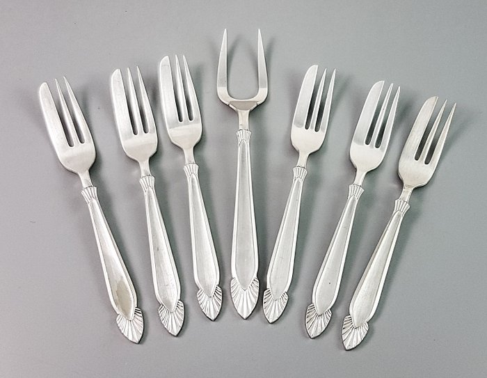 Angora Silver Plate Company - Sheffield - Bestik, Sæt med 6 dessertbager gafler med 1 stor serveringsgaffel (7) - Art Deco - Forsølvning