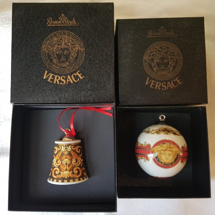 Gianni Versace - Rosenthal - 2 Weihnachtsschmuck - Ball Medusa Red + Bell Barocco - Porzellan