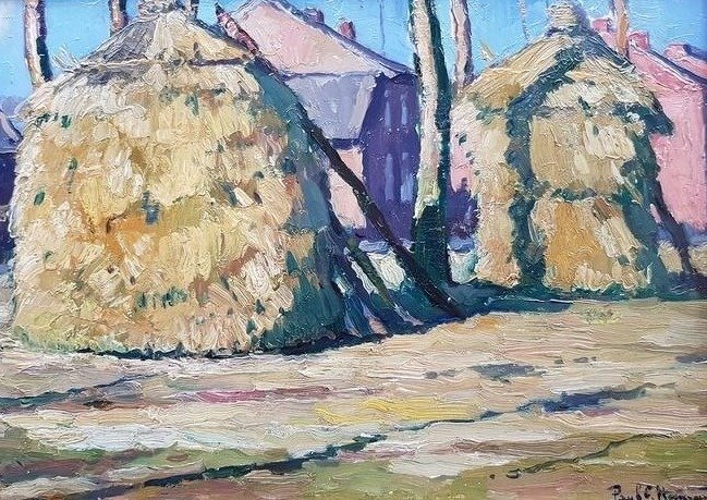 Paul Hermans ( 1898-1972) - Impressionistisch zomers landschap met 2 hooioppers en huizen