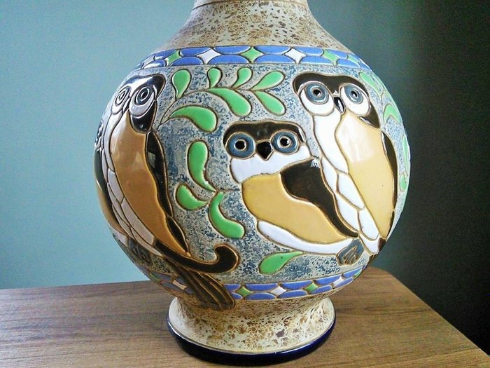Amphora - Florero de búho art déco esmaltado grande