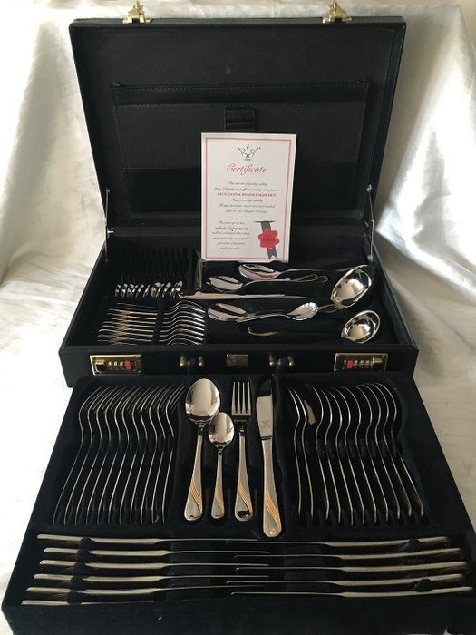 Cutlery from Luxe Edelstahl Rostfrei Solingen - 71 pieces in 18/10 stainless steel hand-drawn edges in gold 23-24 KL with Certificate