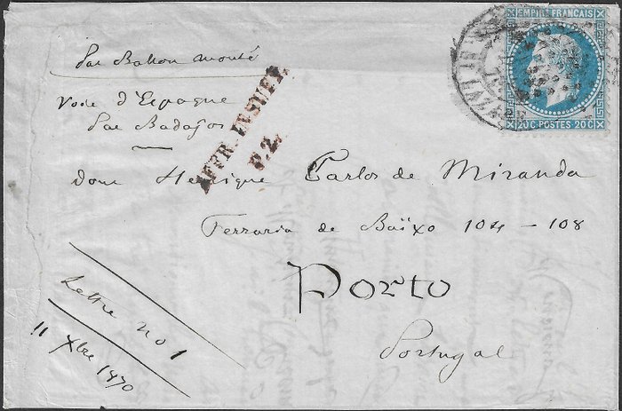 Preview of the first image of France 1870 - Very rare ‘Ville de Paris’ balloon mail, very rare destination and composition, Porto.