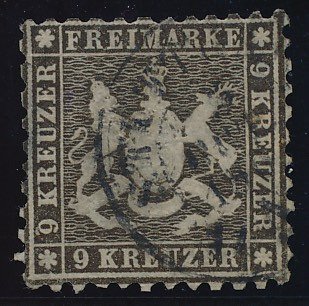 Württemberg 1863 - Wappen, 9 Kreuzer schwarzbraun, seltene Farbe - Michel Nr. 28d geprüft Irtenkauf BPP