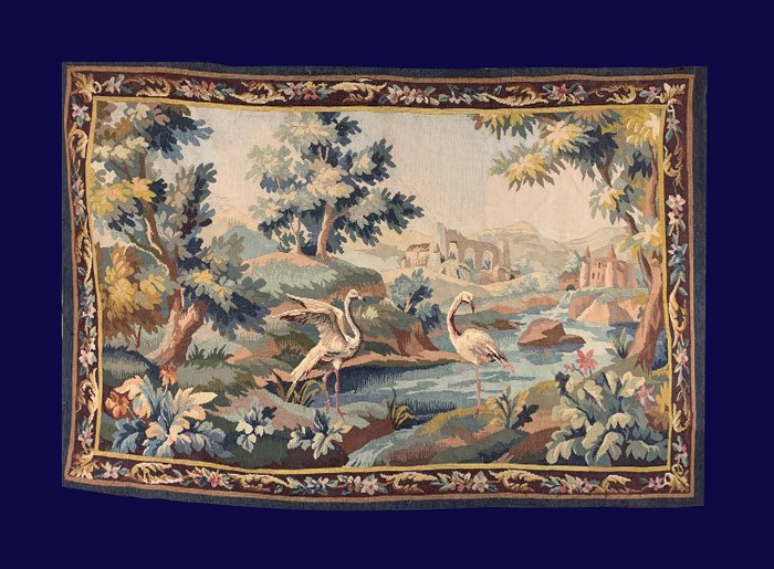 Aubusson - Tapisserie Verdure avec des Flamants Roses d'Aubusson - Estilo Luis XV - Lana, Seda - siglo XIX
