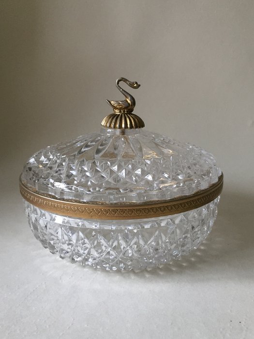 Vintage bonbonnière with swan (1) - Crystal, Glass, Goldplate