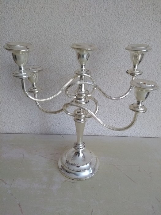 SP on Zinc - Five-armed candlestick with pearl edges. - Silverplate