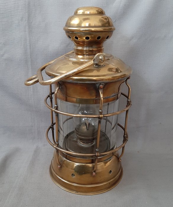 Schöne alte Schiffslampen-Ankerlampe - Glas, Kupfer, Messing - Erste Hälfte des 20. Jahrhunderts