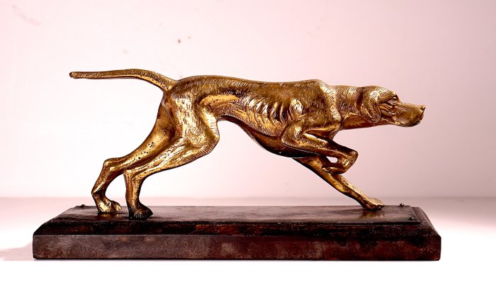 Escultura, um cão de caça 'cão ponteiro' na base de madeira - Bronze - meados do século XX
