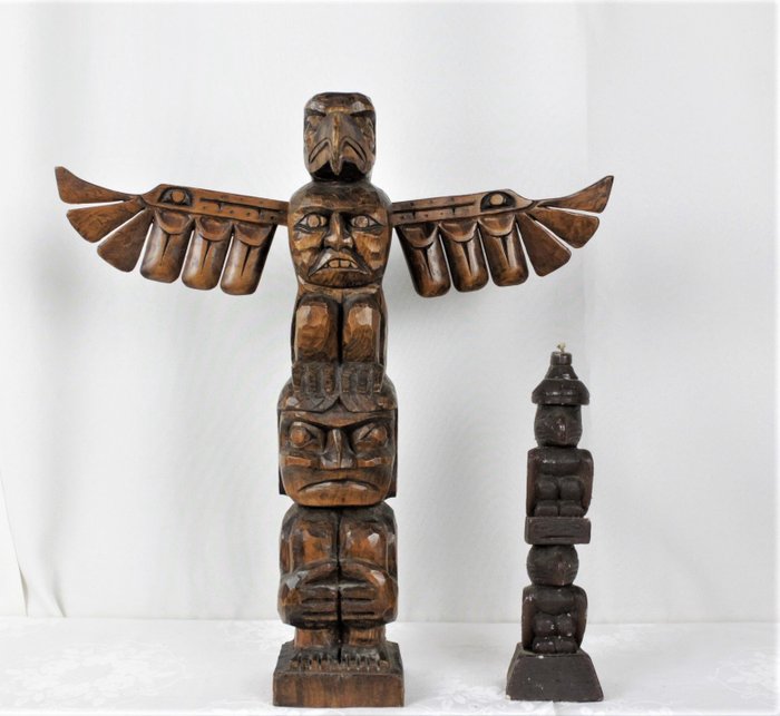 Totem, Eagle Face en Forest Man & Candle - Hout, wax - Canada 