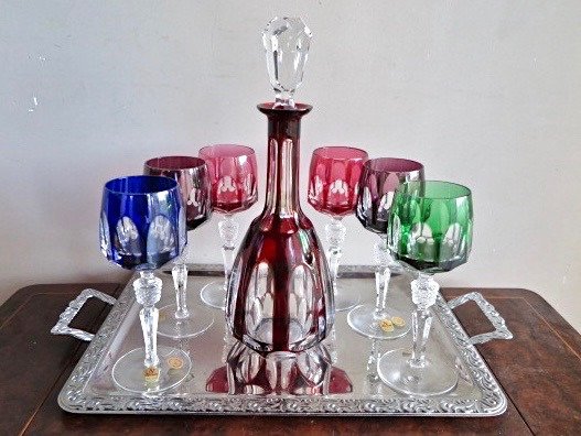 Nachtmann - 带有6个彩色酒杯/ Roemers的古董玻璃水瓶 - 手工和钻石切割铅晶