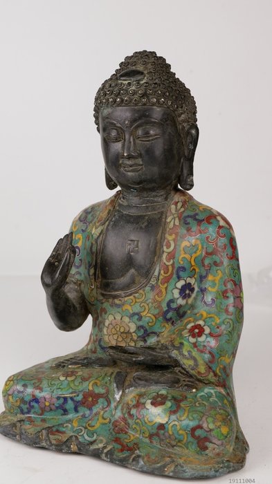 Antyczna statua Buddha w Cloisonne - Brązowy - Chiny - Druga połowa XX wieku