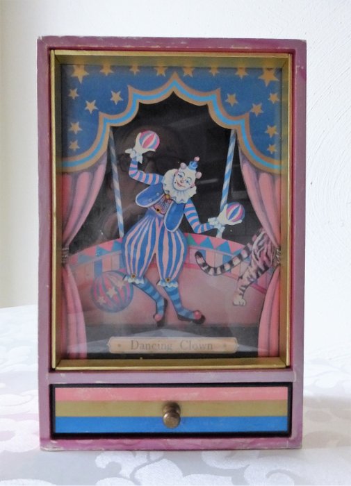Ikecho - Koji Murai automatic music box - Circus Dancing Clown - Wood - paper - cardboard - glass