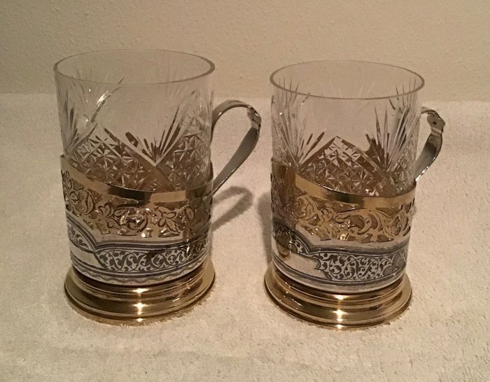 Tea glass holder with glass (2) - .875 (84 Zolotniki) silver - UDSSR - mid 20th century