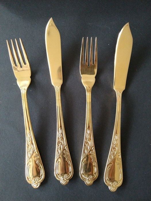 Nivella Solingen - unused 12-piece luxury fish cutlery set for 6 people in the original drawer insert - 18/10 stainless steel - 23/24 carat hard gold plated
