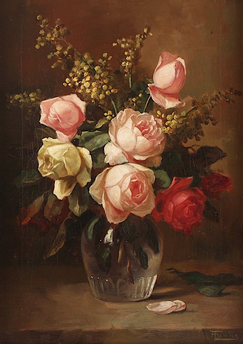 F. Funk - Anton Funke (1869-1955) - [Christie's] A Still life with red, yellow and pink roses in a vase