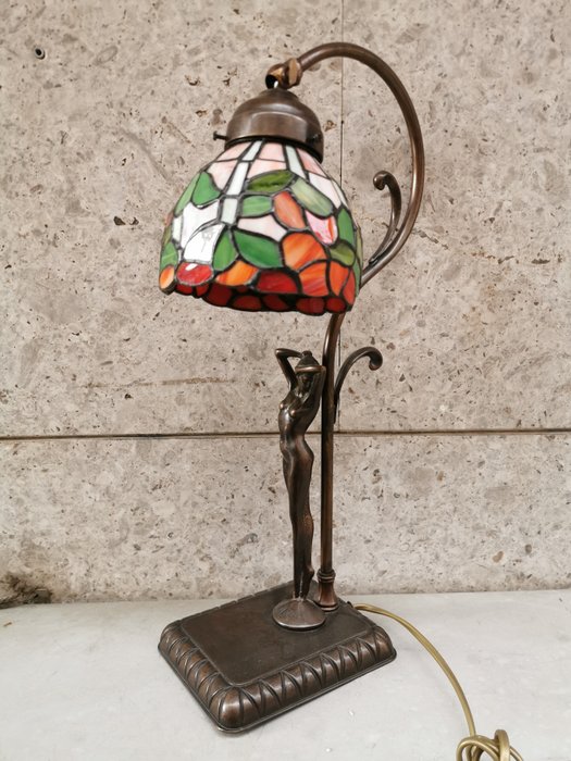 Table Lamp With Female Figure Bronze, Bronze Stained Glass Table Lamp