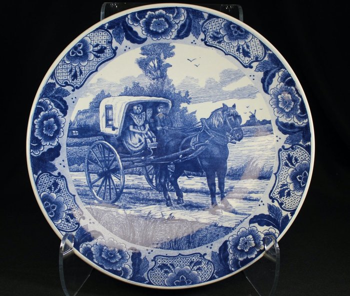 Delfts Blauw - Suuri sininen tyynylevy hevonen ja kuljetus - Nykyaikainen - Keraaminen